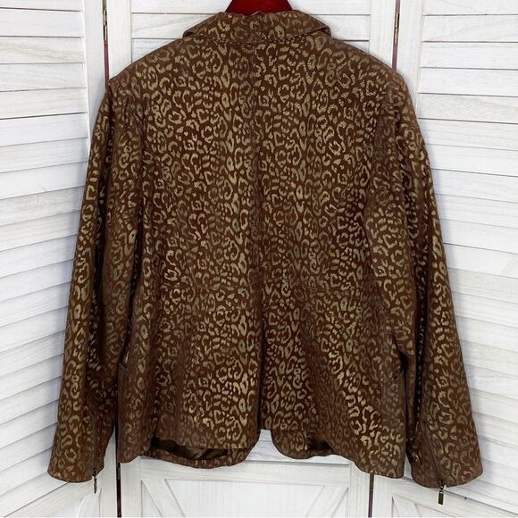 Pamela McCoy Metallic Leopard Print Leather Coat Brown Gold 1X Zipper Front - Picture 10 of 15